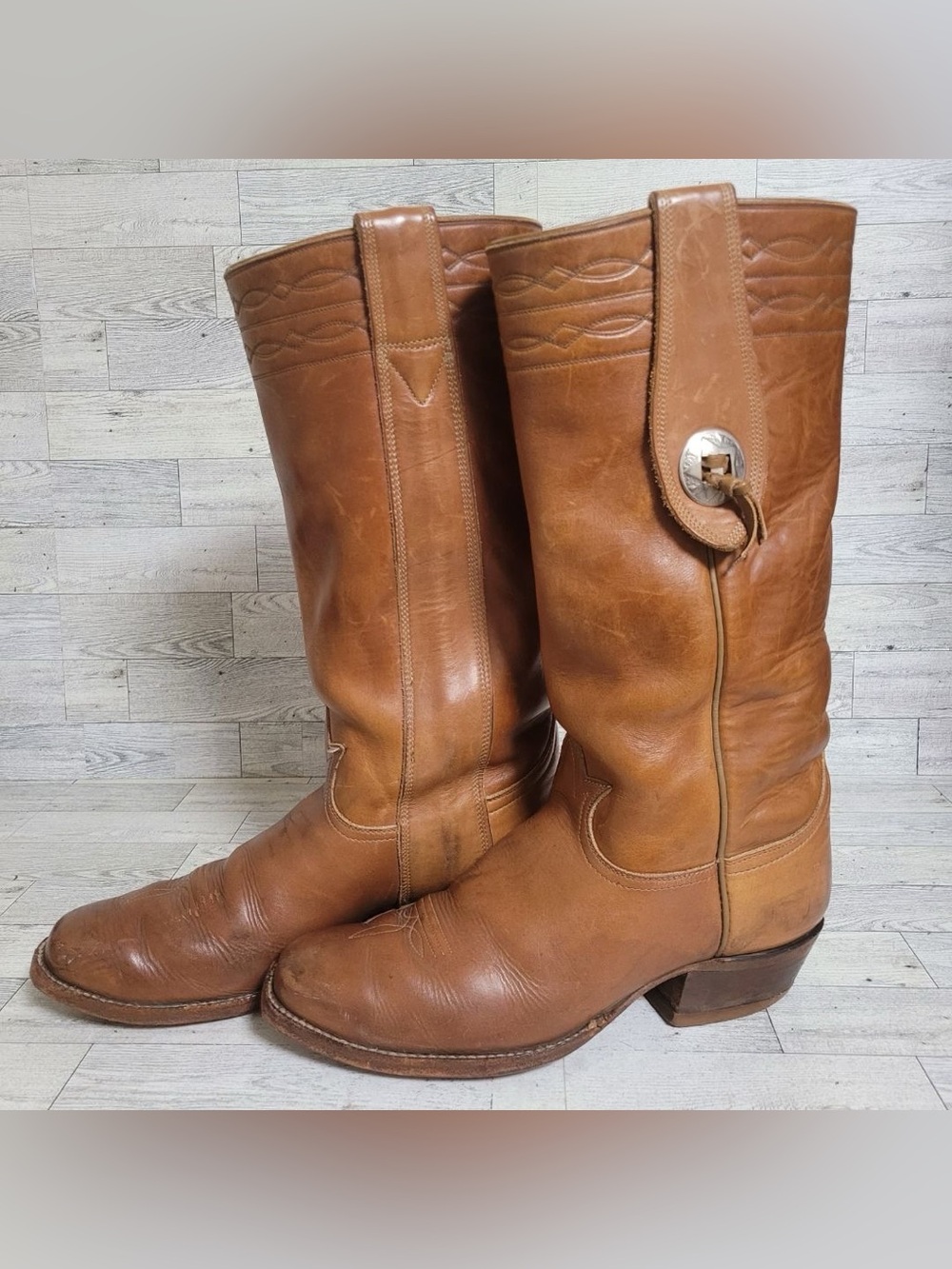 Men's 10D Tony Lama Stovepipe Brown Leather Concho Campus Cowboy Boots 1960's